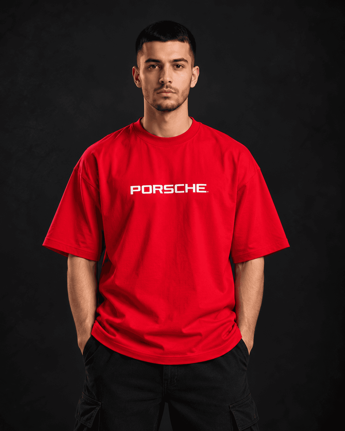 Porsche oversized graphic t-shirt front view in red
