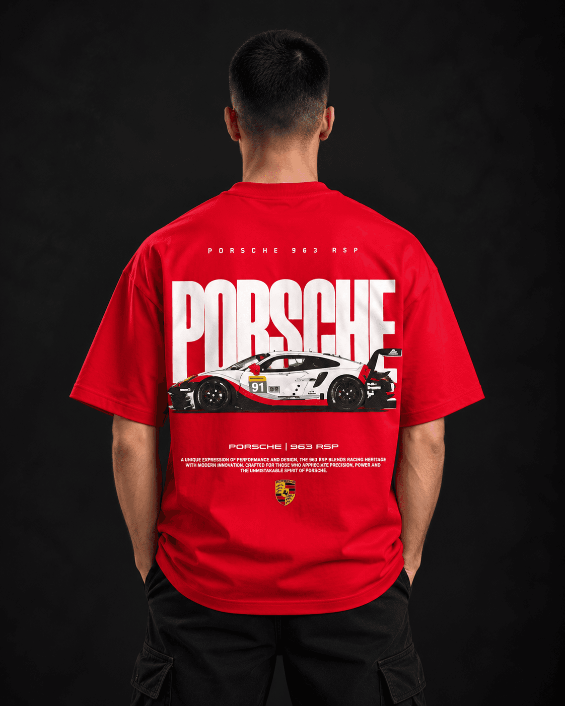 Porsche oversized graphic t-shirt back view with race car artwork in red