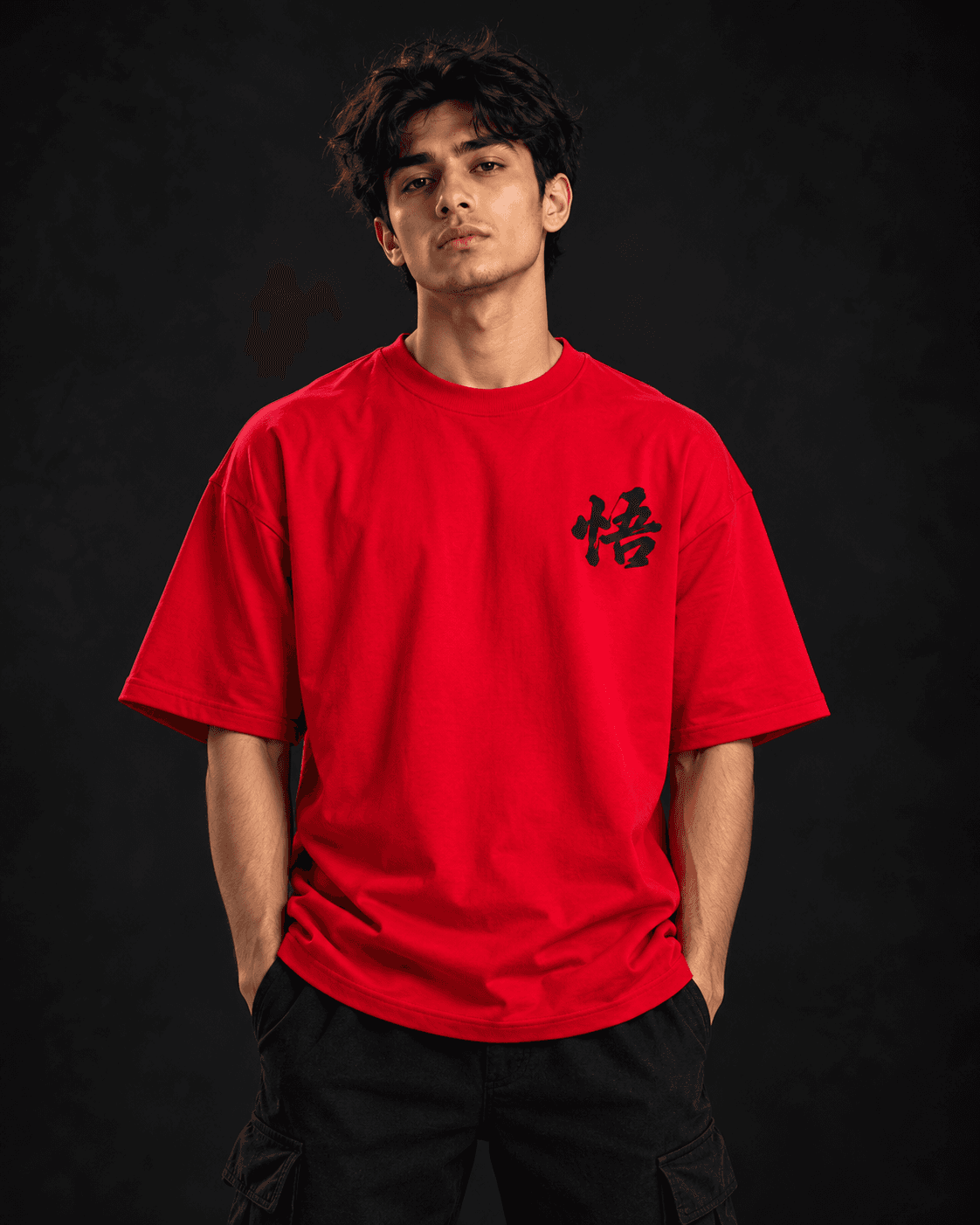 Red Zoro oversized t-shirt front view with black kanji chest print