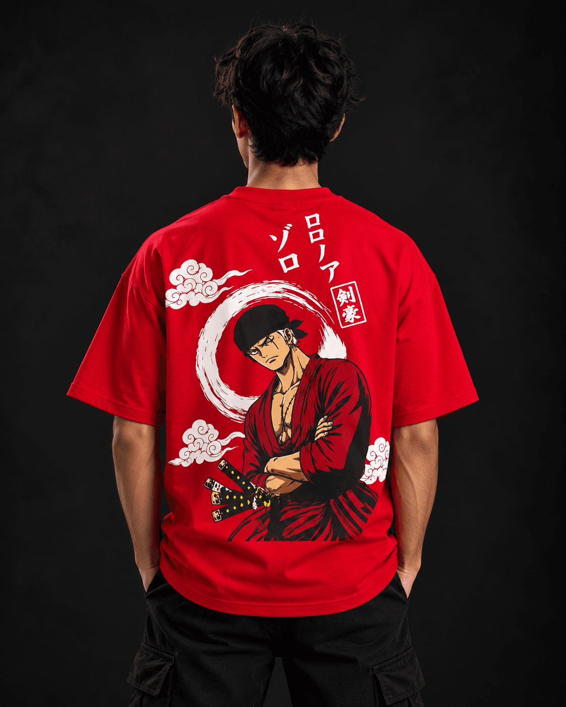 Red Zoro oversized t-shirt back view with Roronoa Zoro anime graphic