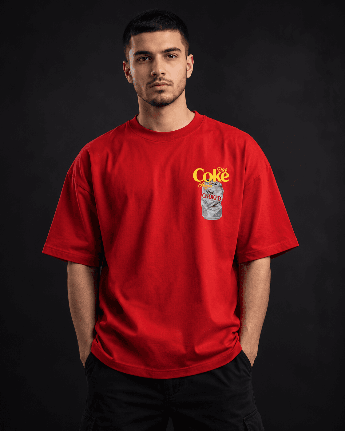 Diet Choked parody oversized graphic t-shirt front view in red