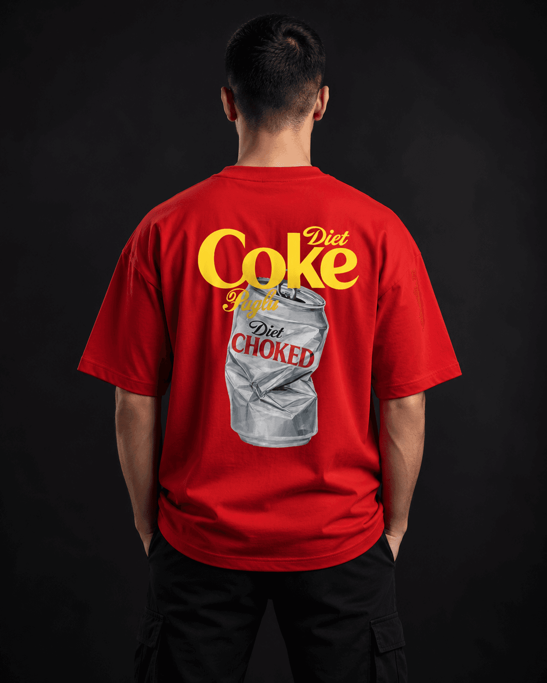 Diet Choked parody oversized graphic t-shirt back view with crushed can print