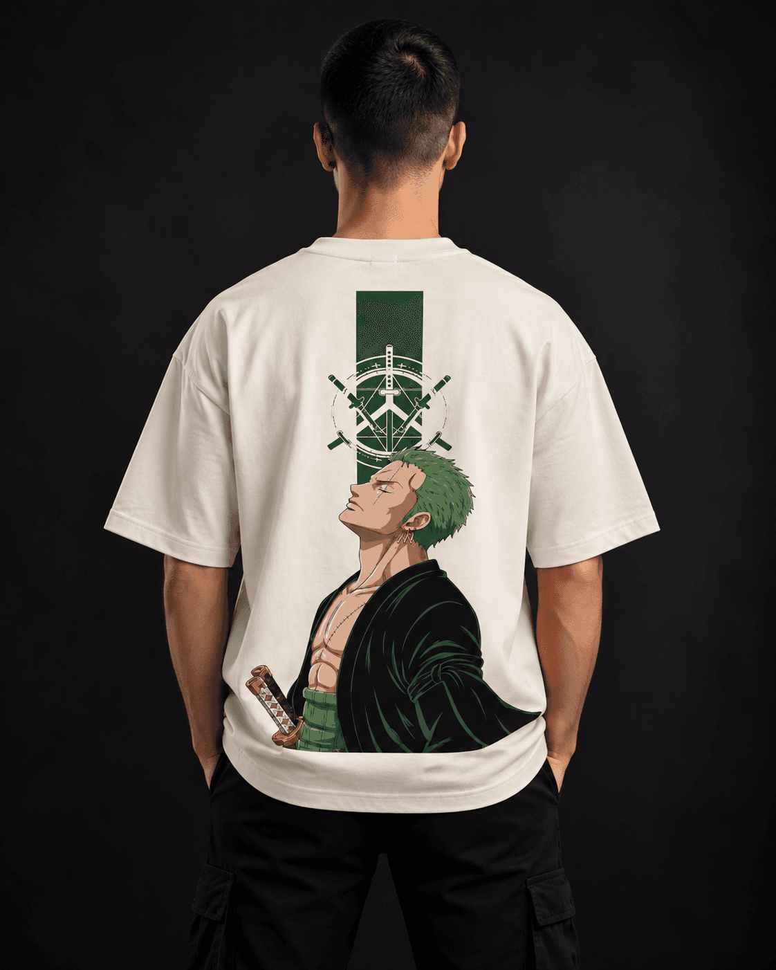 Zoro One Piece oversized t-shirt back view with large Zoro print
