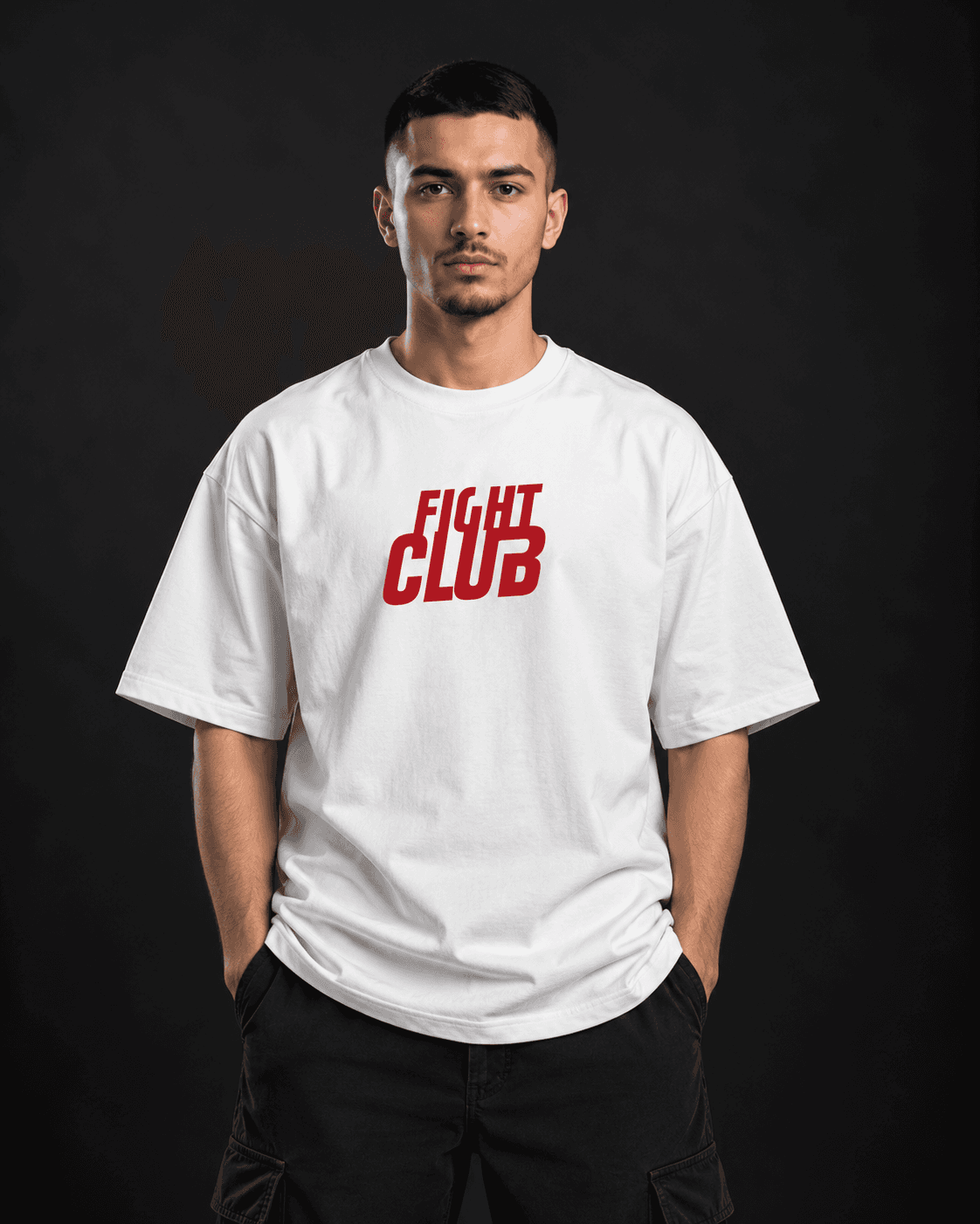 Fight Club oversized t-shirt front view in white with red logo