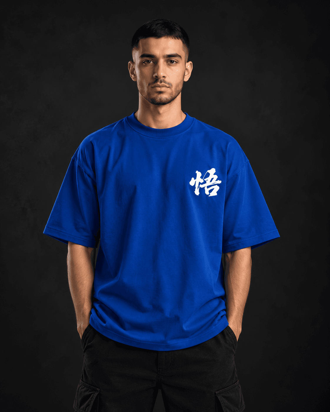 Roronoa Zoro oversized t-shirt front view in royal blue with kanji chest print