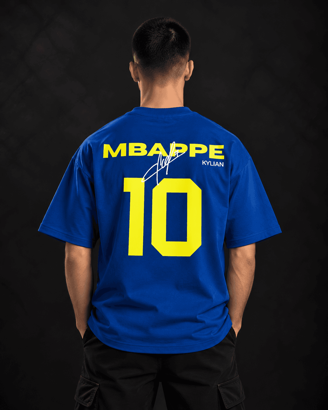 Mbappe 10 oversized t-shirt back view with yellow name and number
