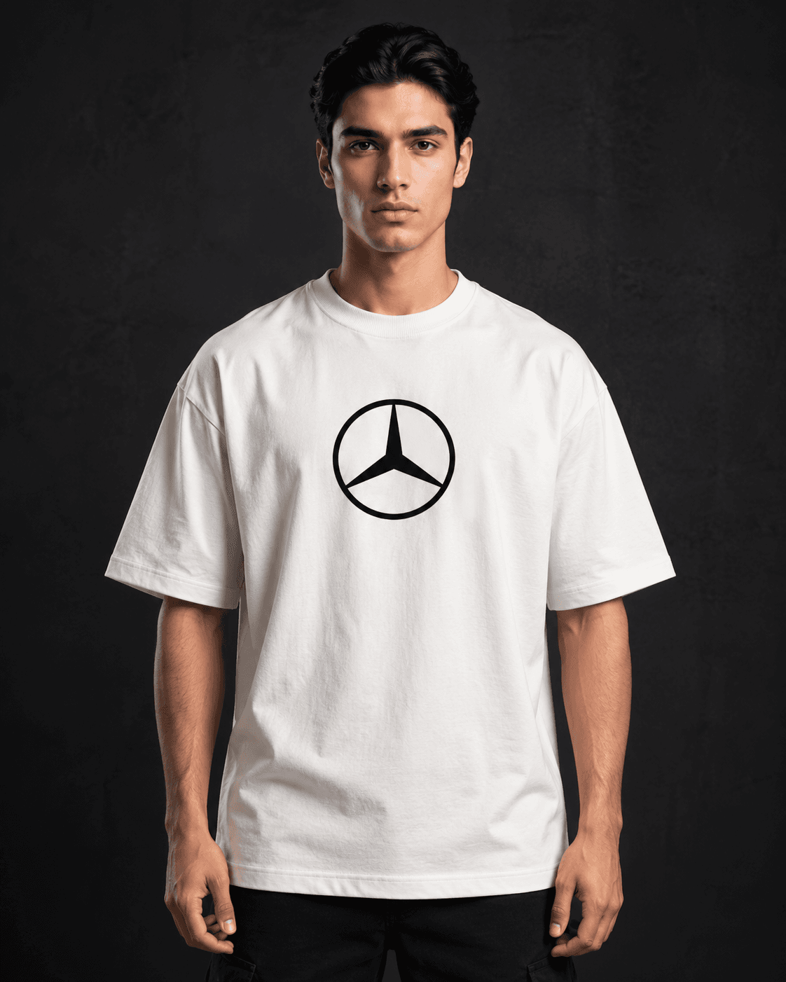 Mercedes F1 oversized t-shirt front view in white with star emblem