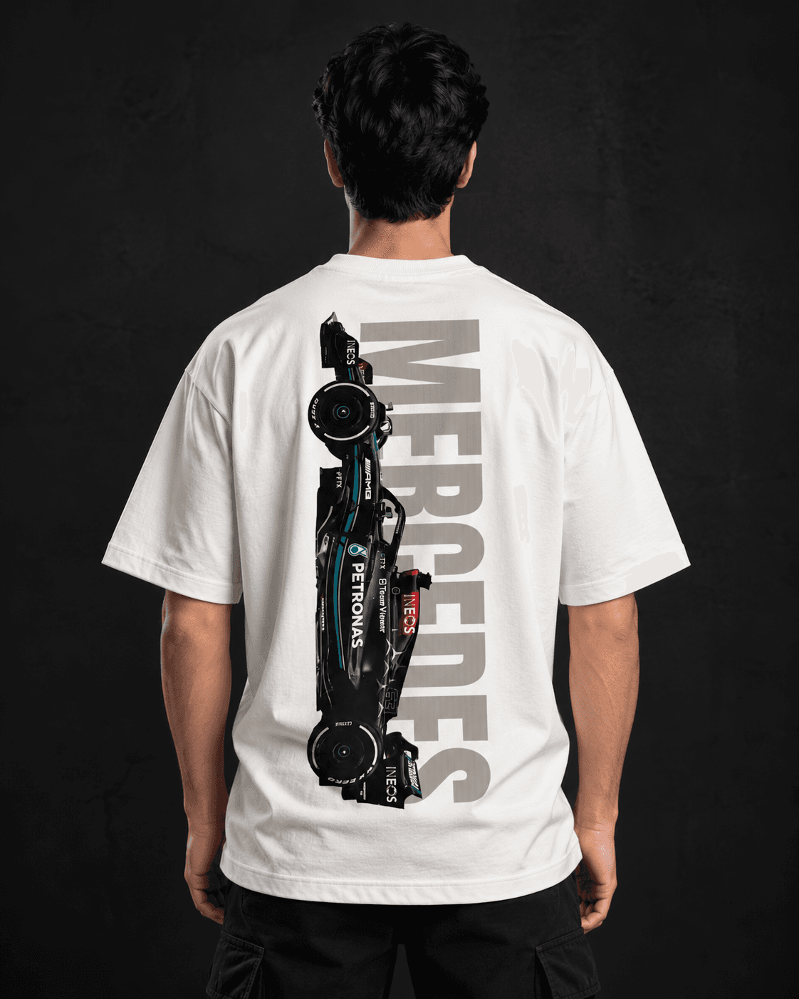 Mercedes F1 oversized t-shirt back view with race car print