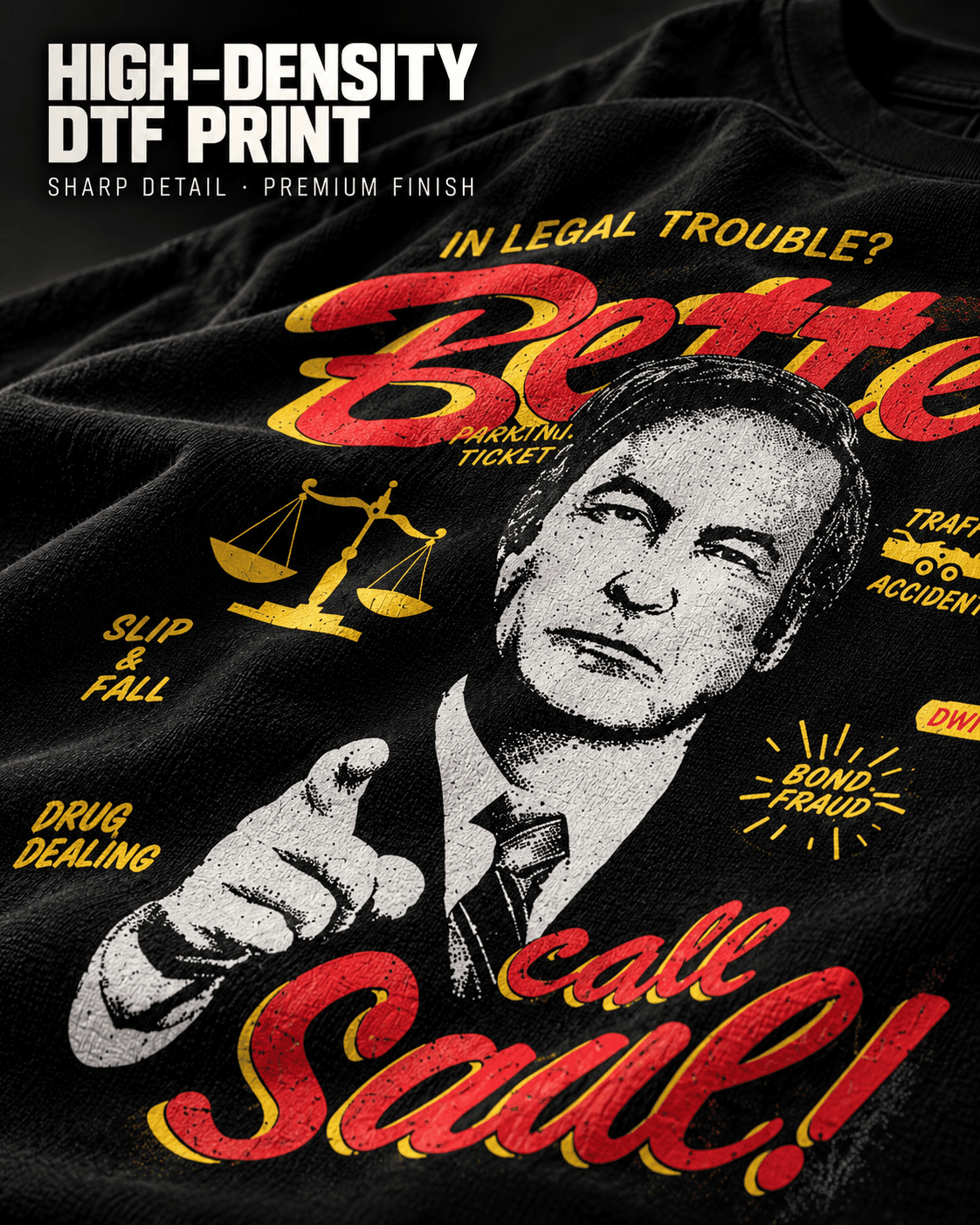 Better Call Saul graphic print close-up with Saul Goodman portrait