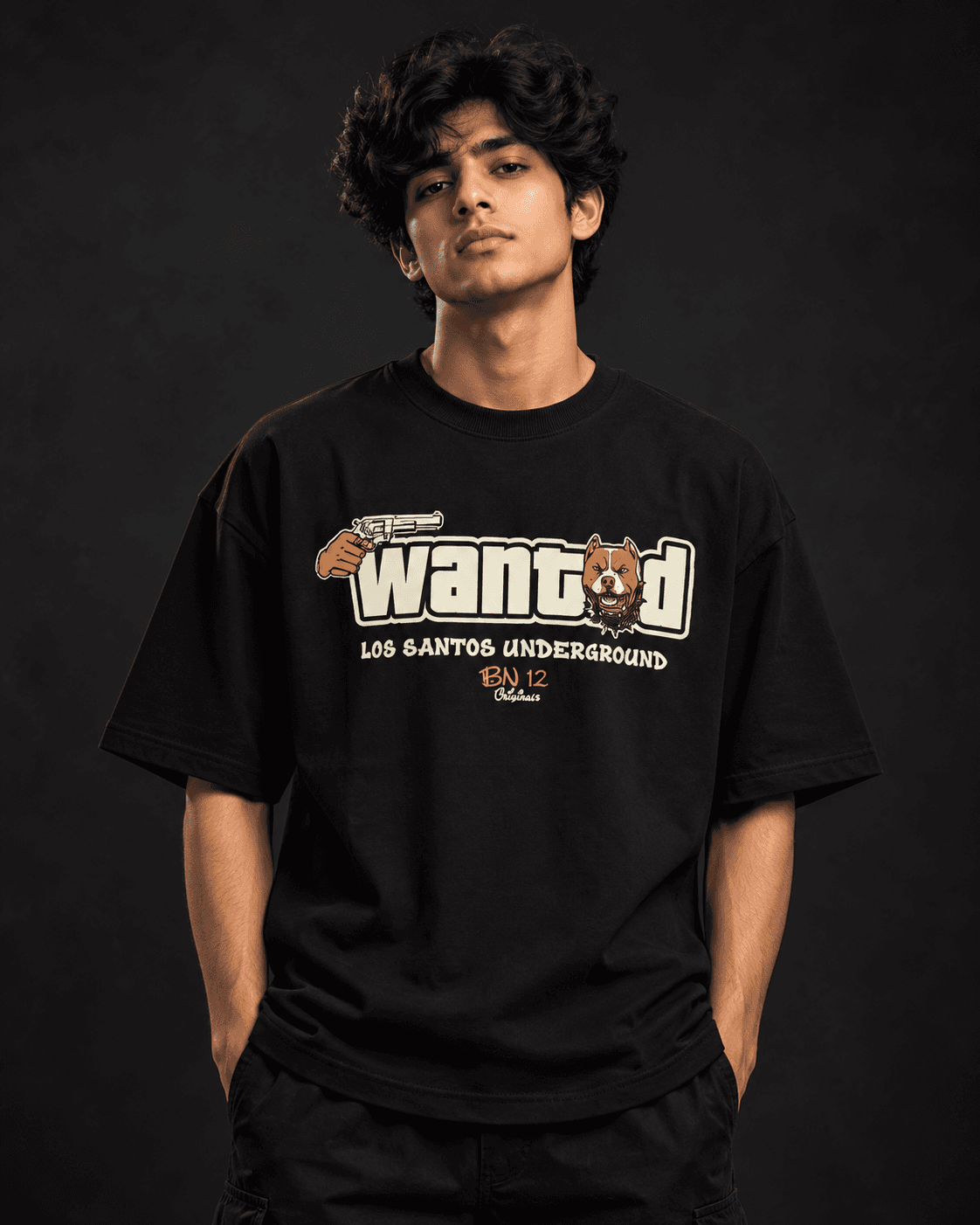 GTA 5 Wanted oversized t-shirt front view in black