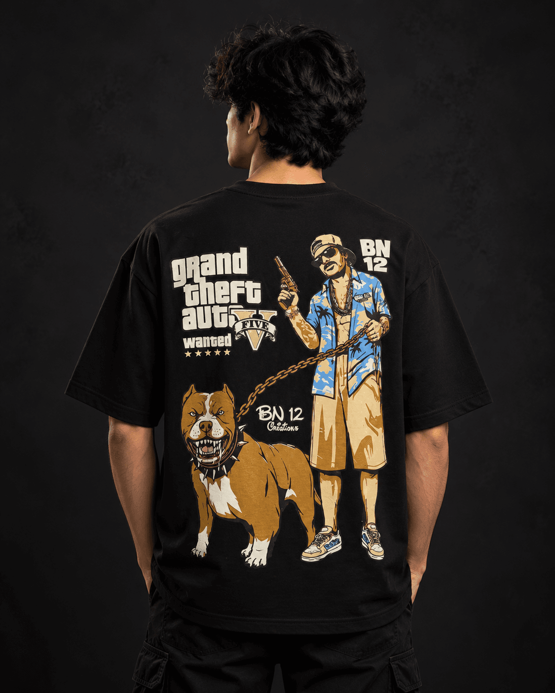 GTA 5 oversized t-shirt back view with character and pitbull print