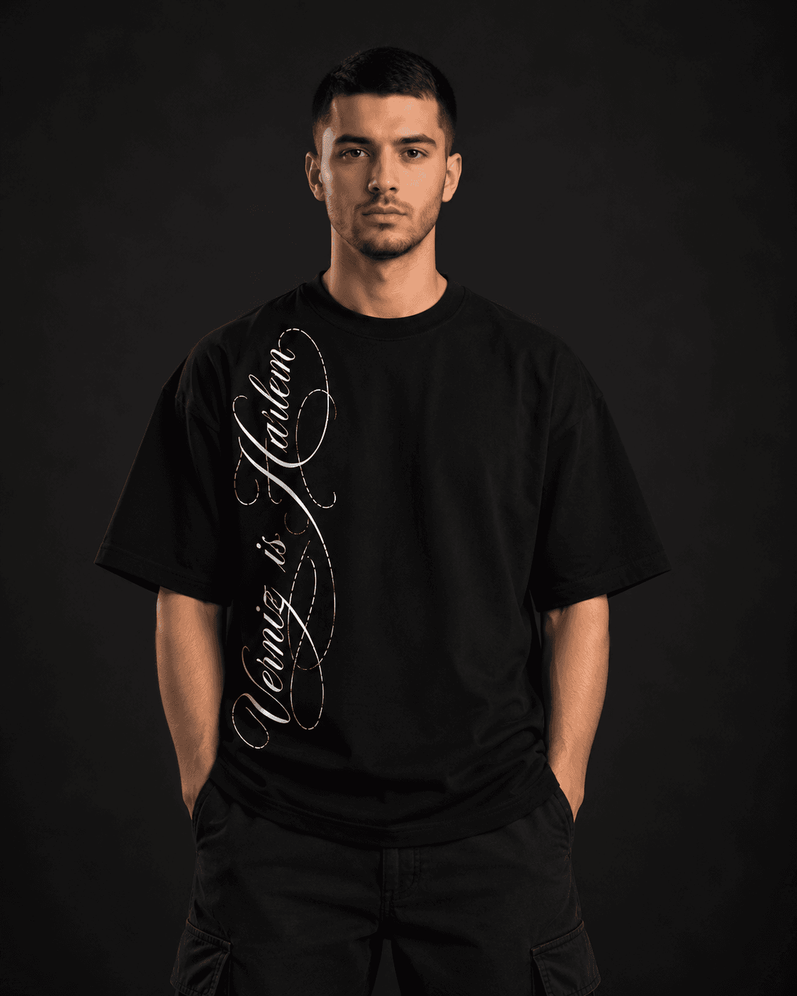 Statue of Liberty oversized t-shirt in black, front view with vertical white script print