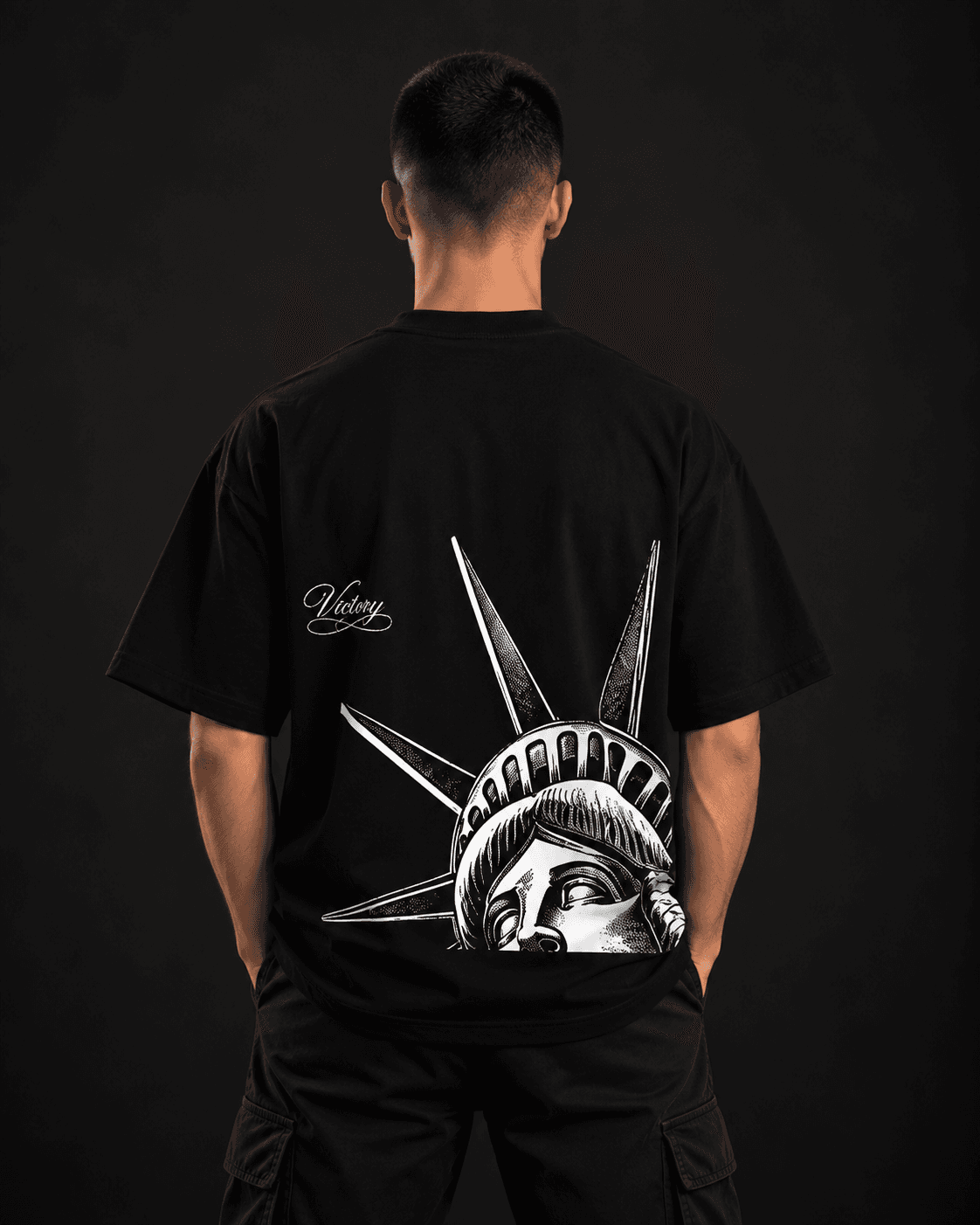 Statue of Liberty oversized t-shirt in black, back view with large Statue of Liberty crown graphic