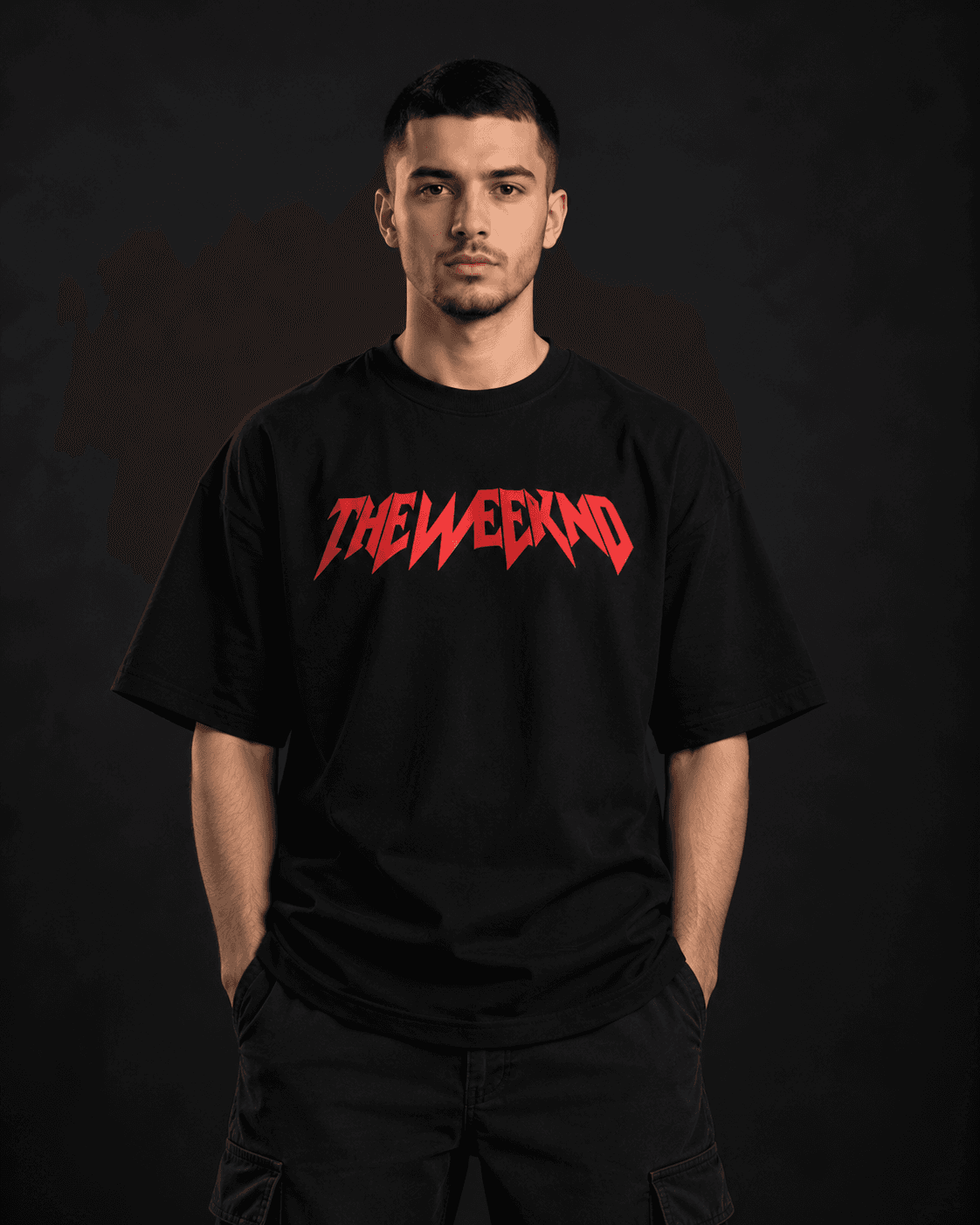 The Weeknd oversized t-shirt in black, front view with red The Weeknd lettering