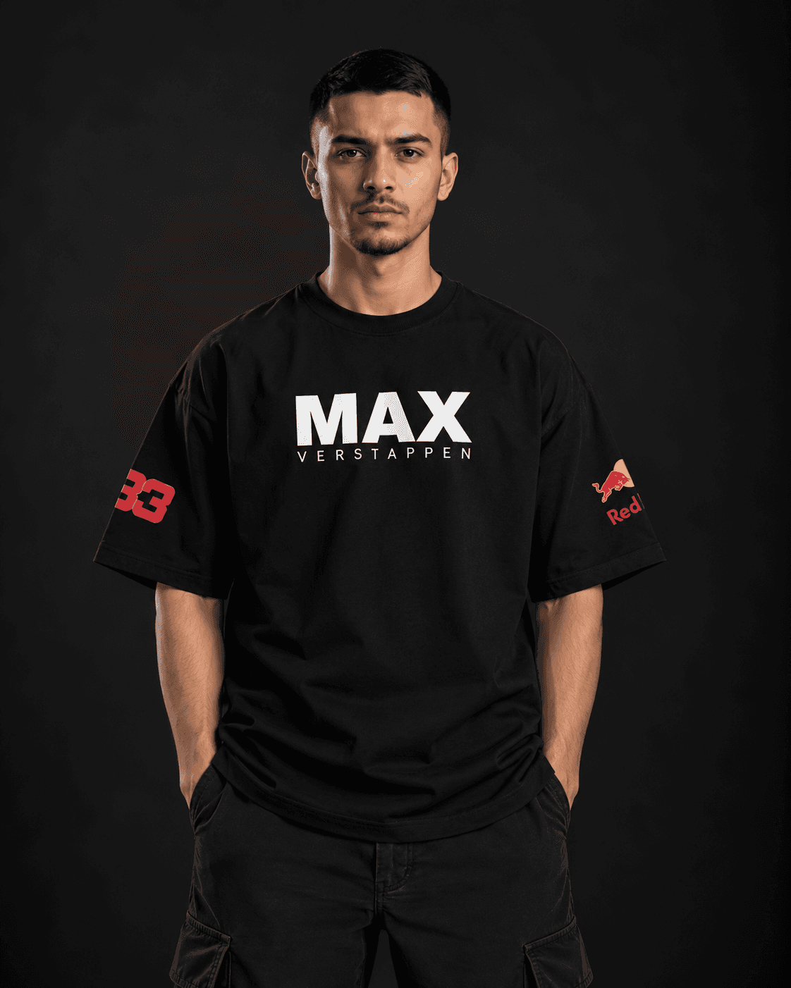 Max Verstappen oversized t-shirt in black, front view with MAX Verstappen chest print and number 33 sleeve