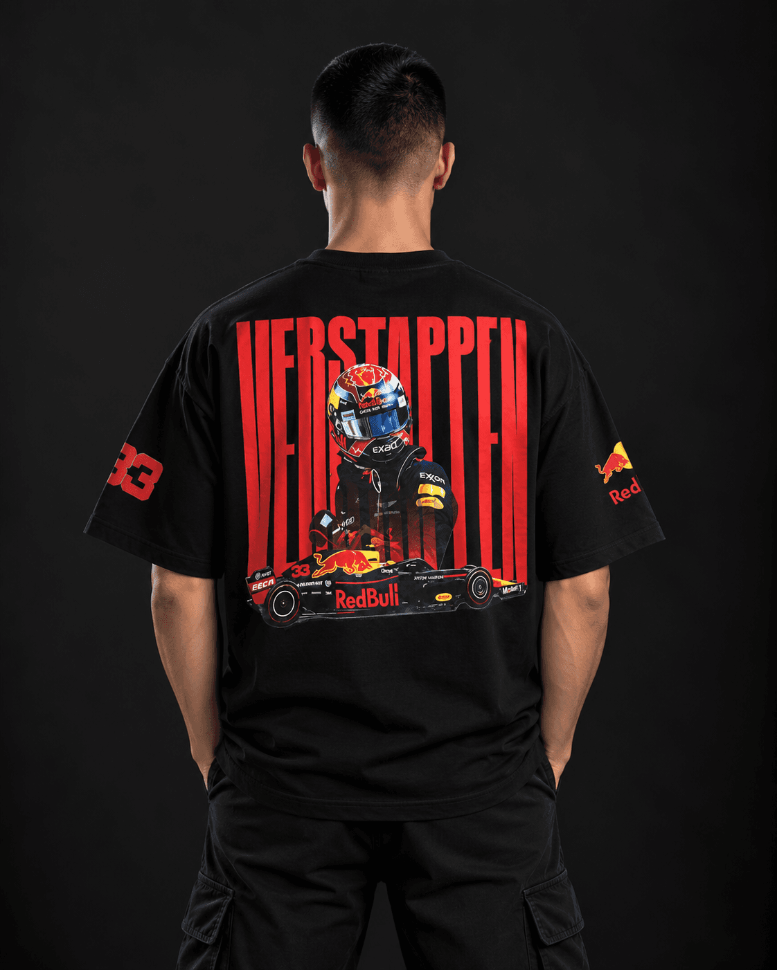 Max Verstappen oversized t-shirt in black, back view with helmet, F1 car and red Verstappen lettering