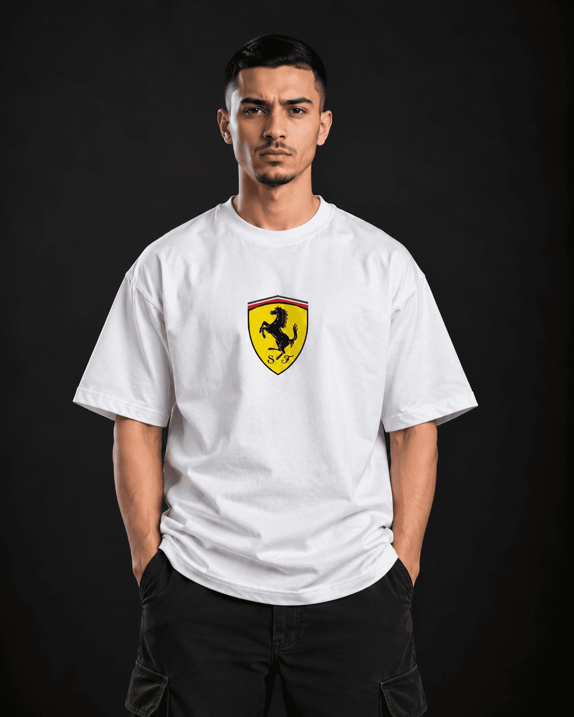 Ferrari F1 oversized graphic t-shirt front view in white with prancing horse shield