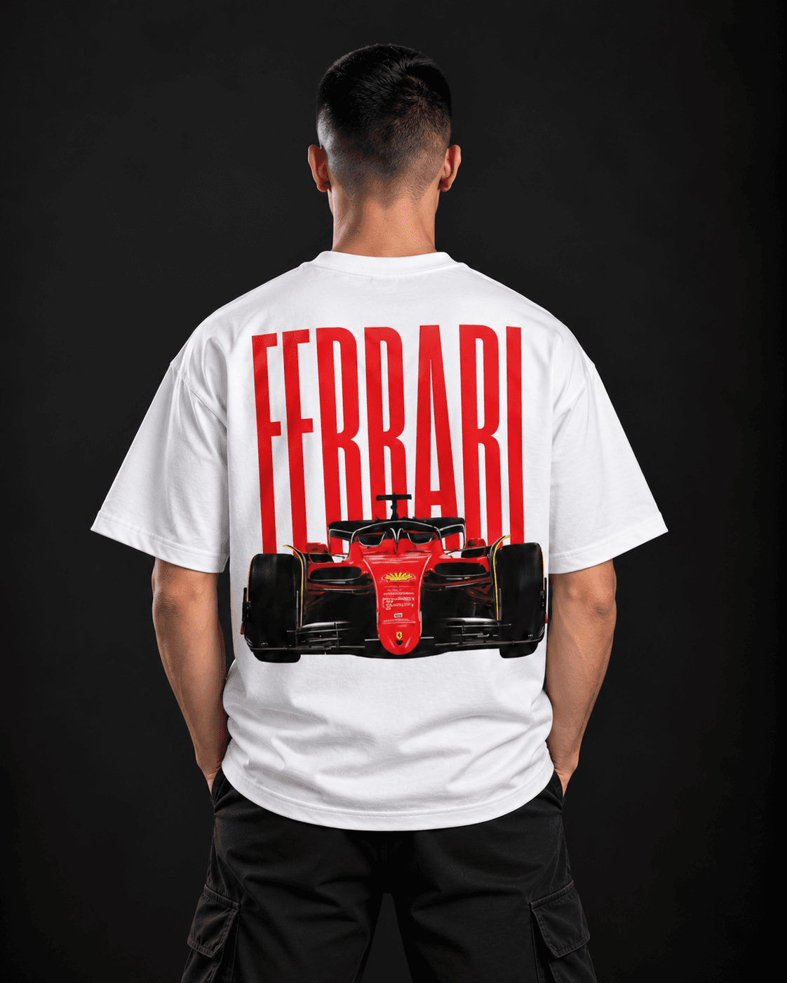 Ferrari F1 oversized graphic t-shirt back view in white with red F1 car graphic