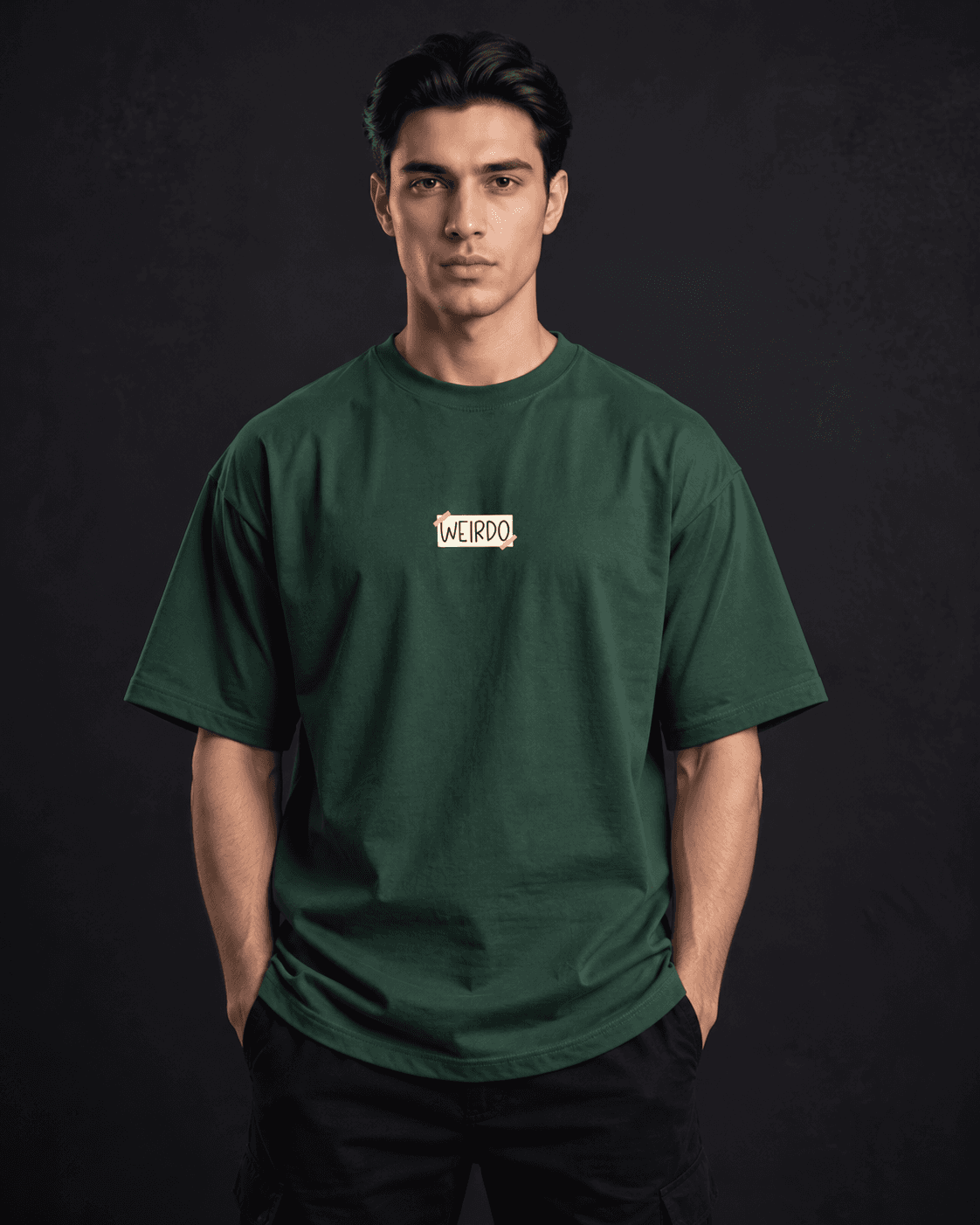 Don't Be Stupid oversized graphic t-shirt front view in bottle green with Weirdo chest print