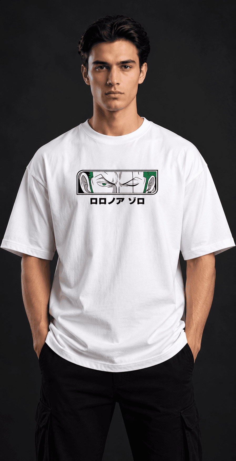 Roronoa Zoro oversized graphic t-shirt front view in white with Zoro eyes print