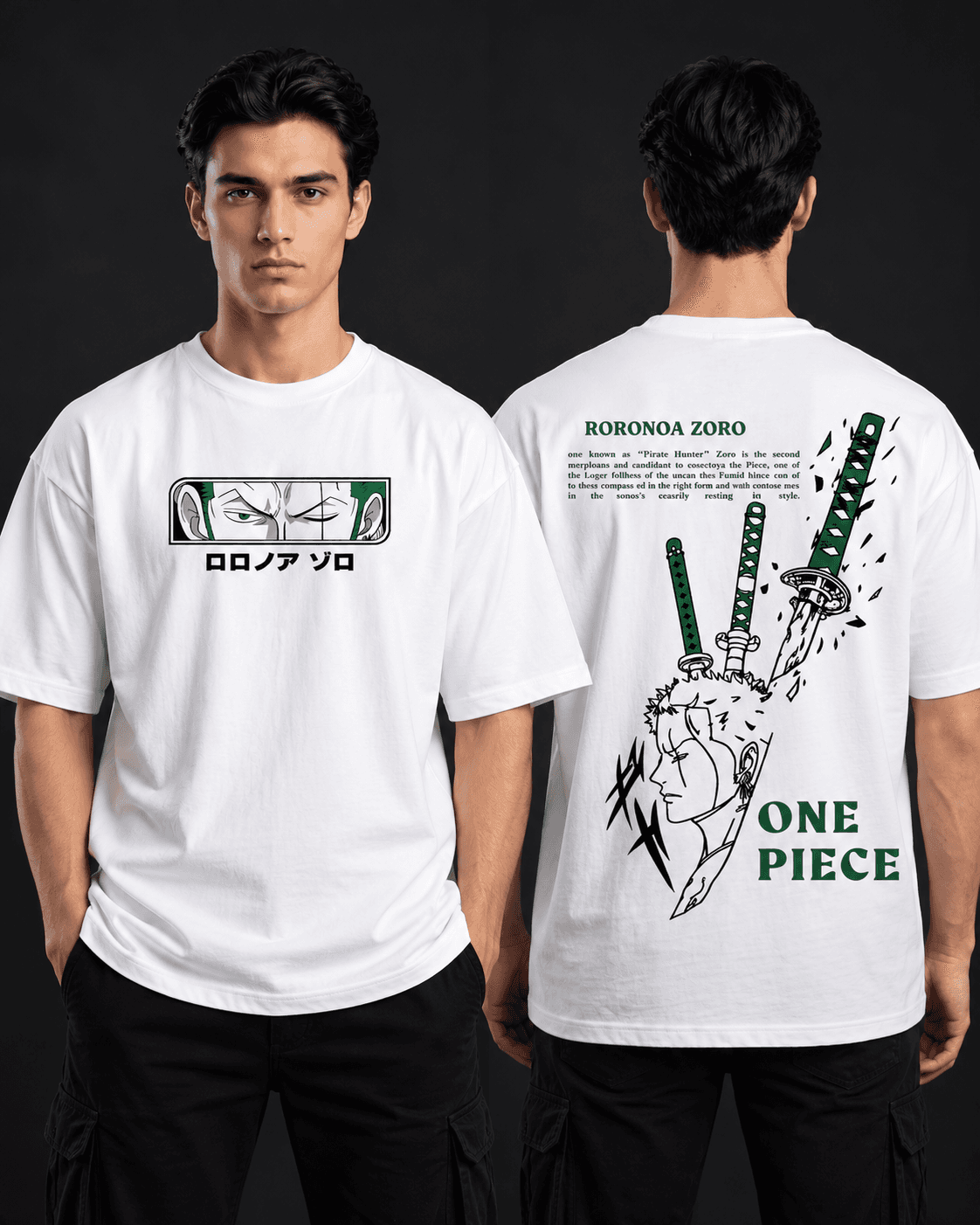 Zoro oversized t-shirt front and back view in white
