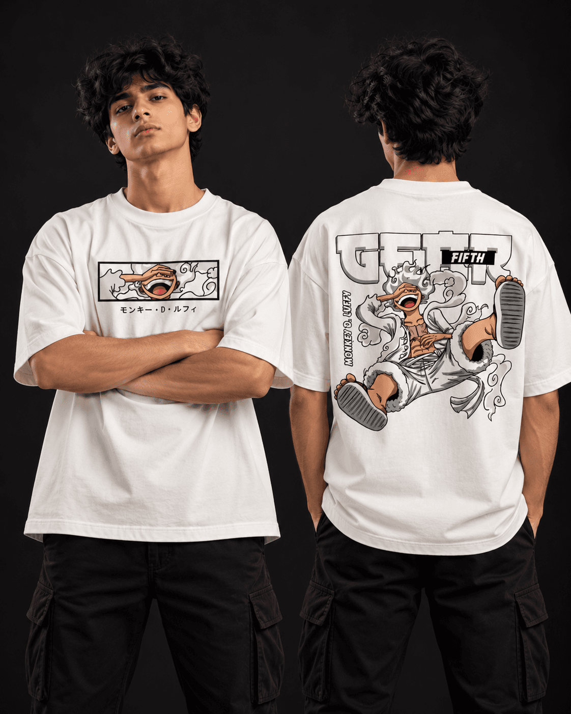 Gear Fifth Graphic Oversized T-Shirt in white, front and back view on model