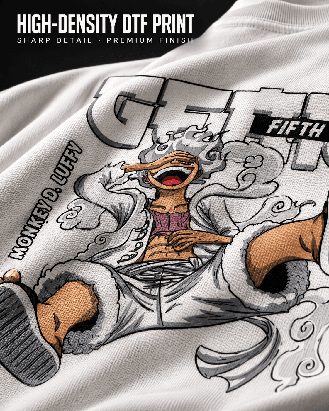 Close-up of the Gear Fifth back graphic print on the white oversized T-shirt