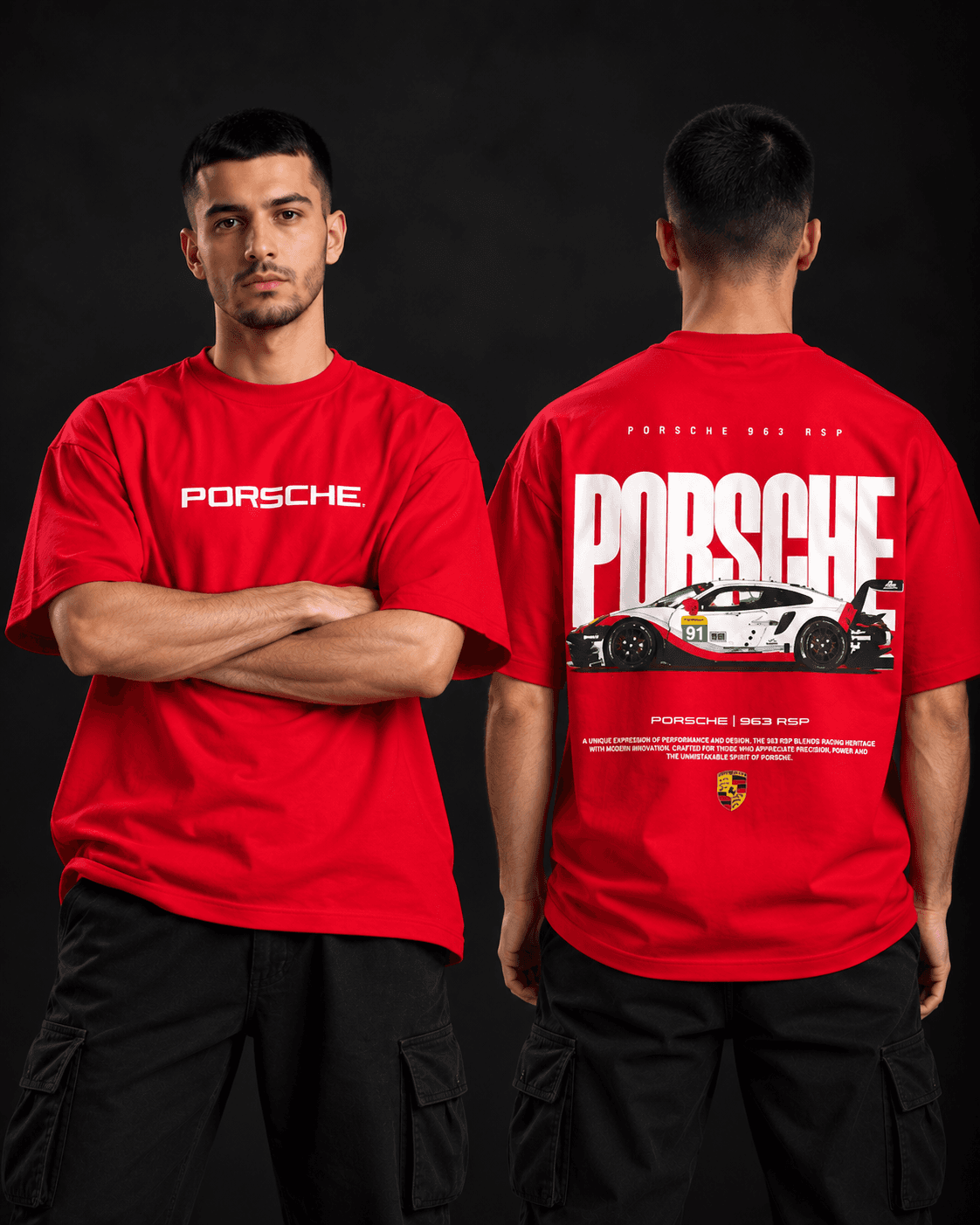 Porsche oversized t-shirt front and back view in red