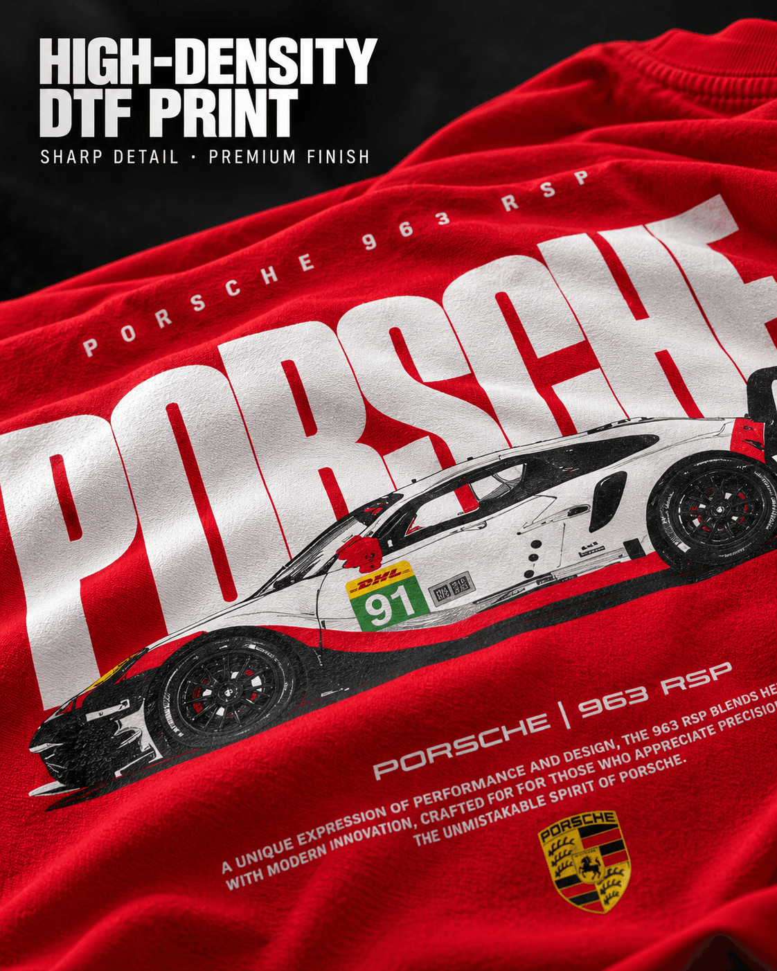 Porsche race car graphic print close-up on red t-shirt