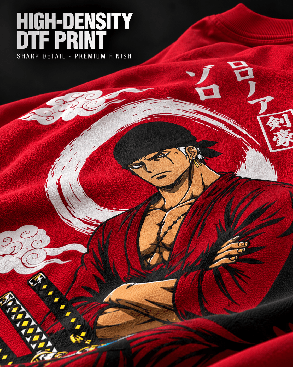 Close-up of Roronoa Zoro back print on red oversized t-shirt