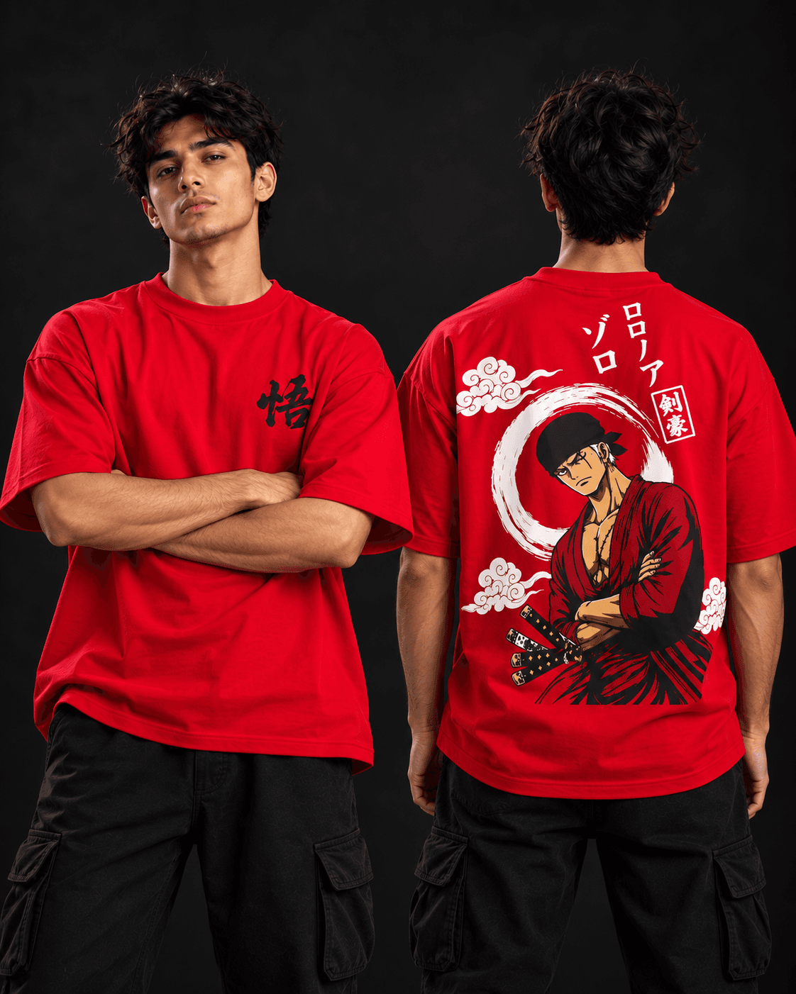 Roronoa Zoro graphic oversized t-shirt front and back view in red
