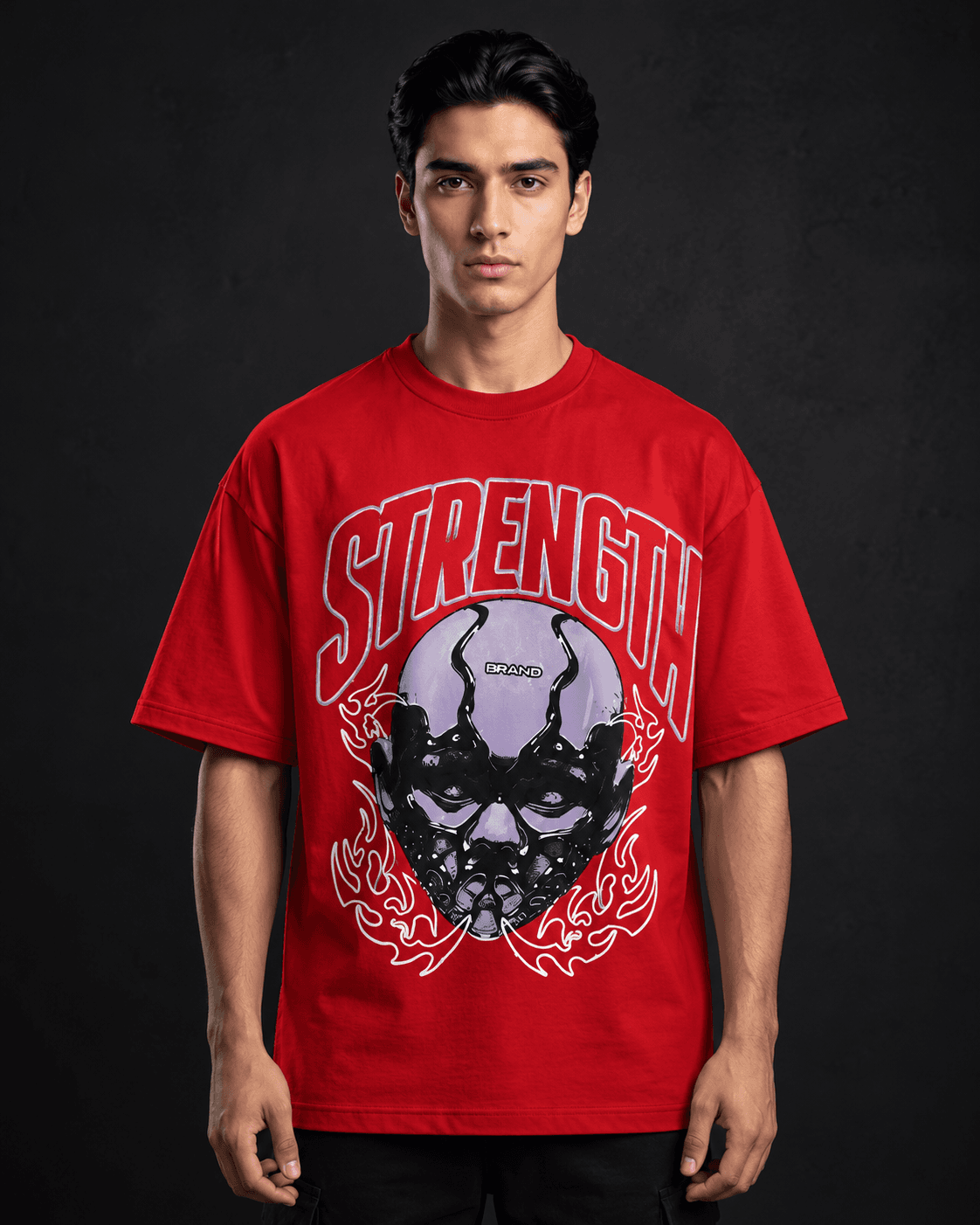 Strength graphic oversized t-shirt front view in red
