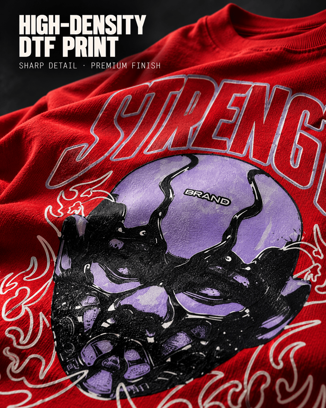 Strength graphic t-shirt print close-up with dripping mask head and flames