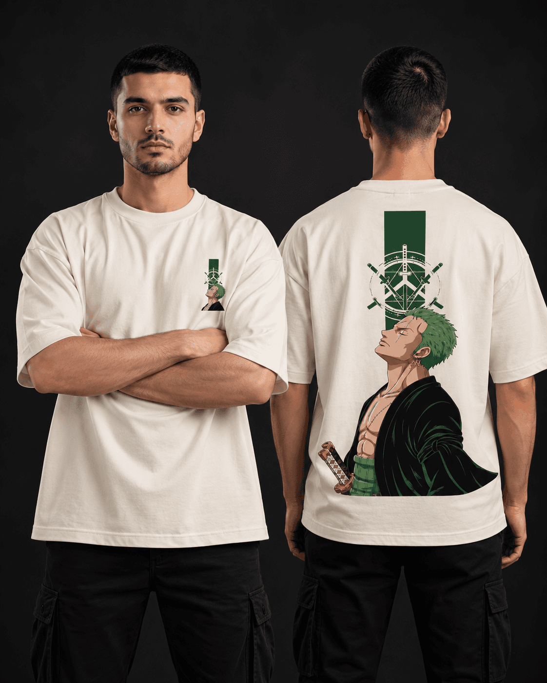 Zoro oversized t-shirt front and back view in off-white