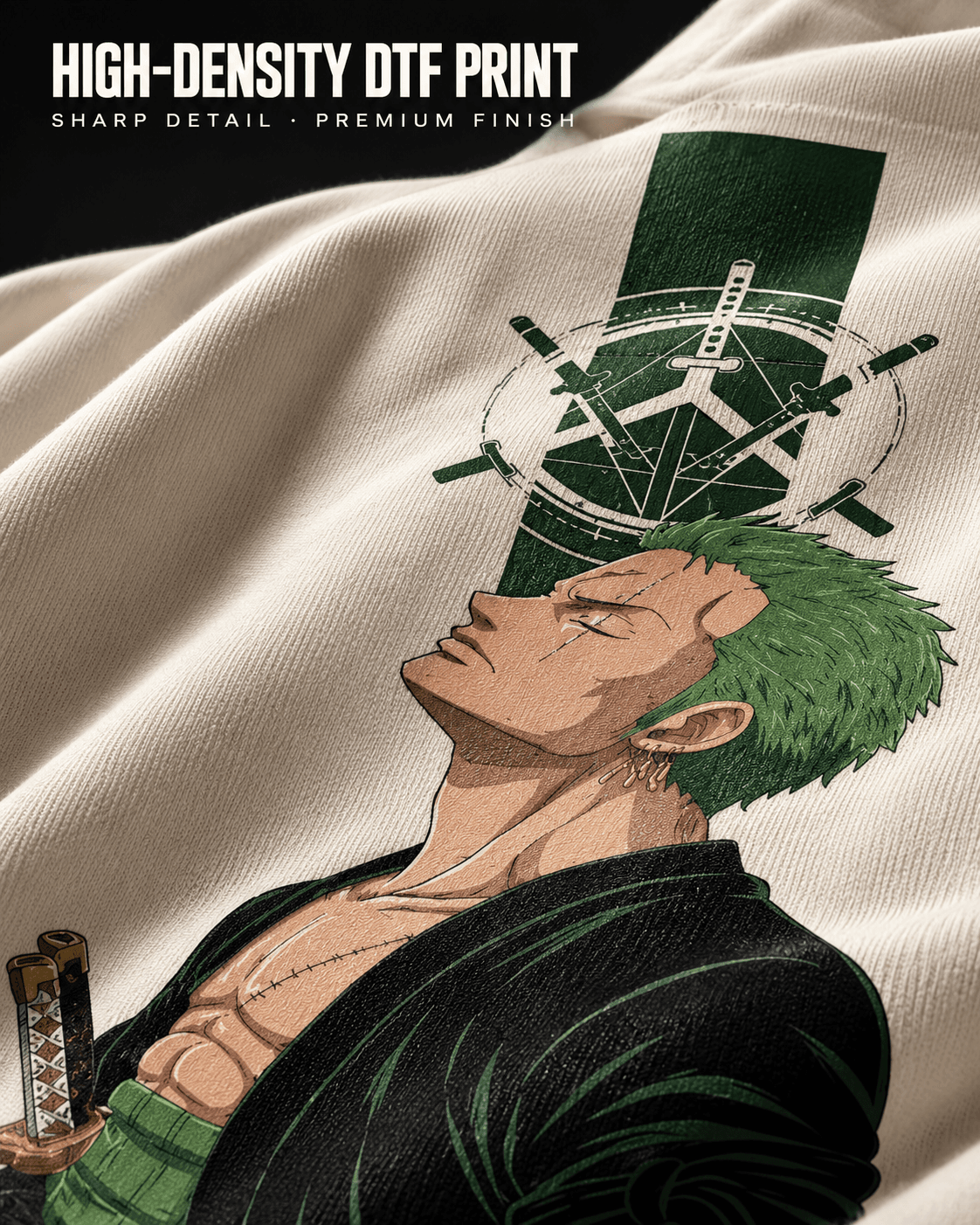 Roronoa Zoro graphic t-shirt print close-up