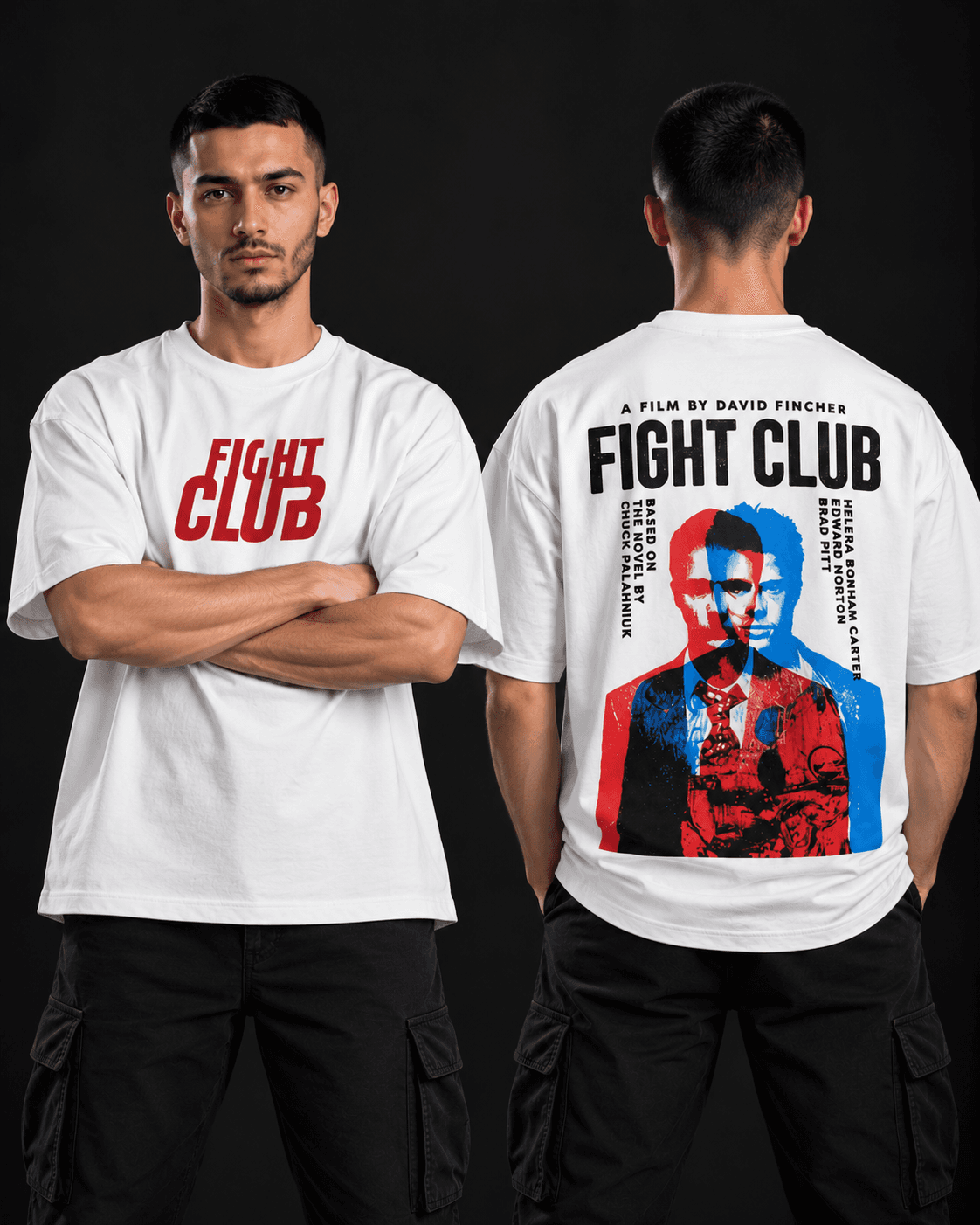 Fight Club oversized t-shirt front and back view in white