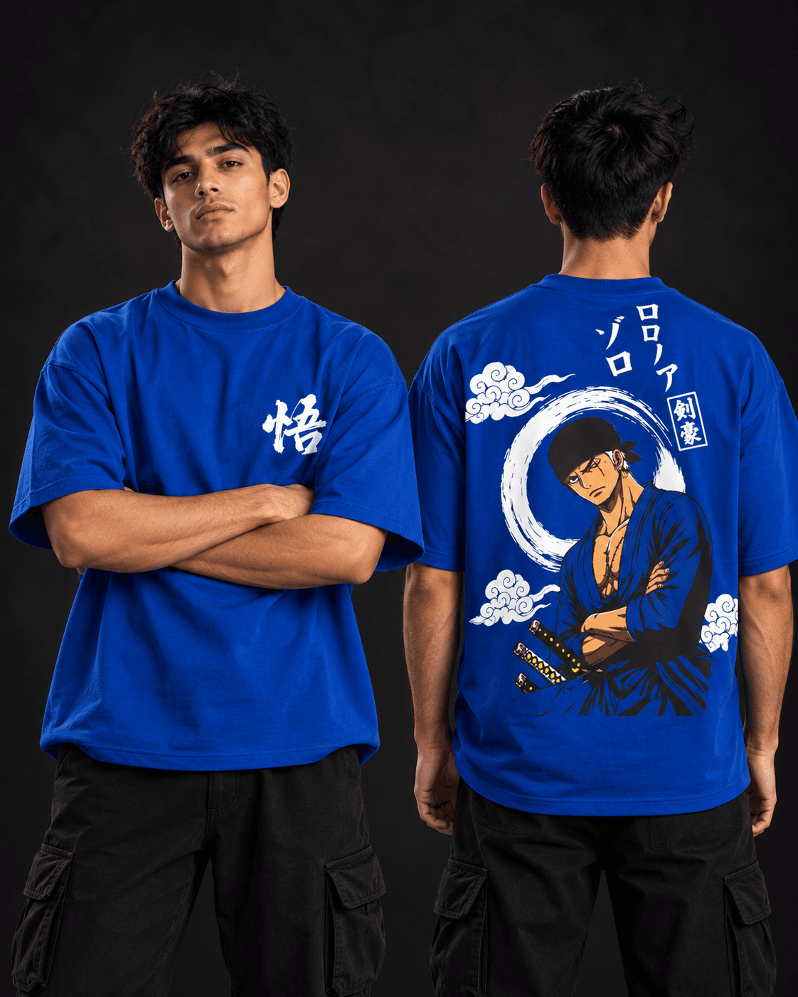 Roronoa Zoro oversized t-shirt front and back view in royal blue