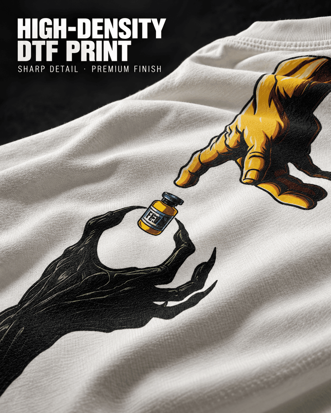 Natty gym t-shirt back print close-up with hands and vial