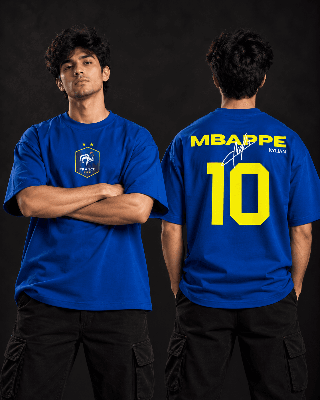 Mbappe France oversized t-shirt front and back view in royal blue