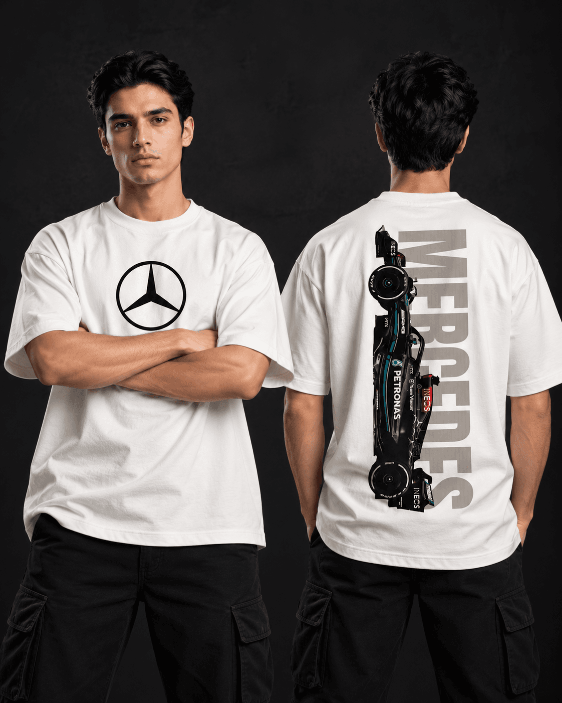 Mercedes F1 oversized t-shirt front and back view in white