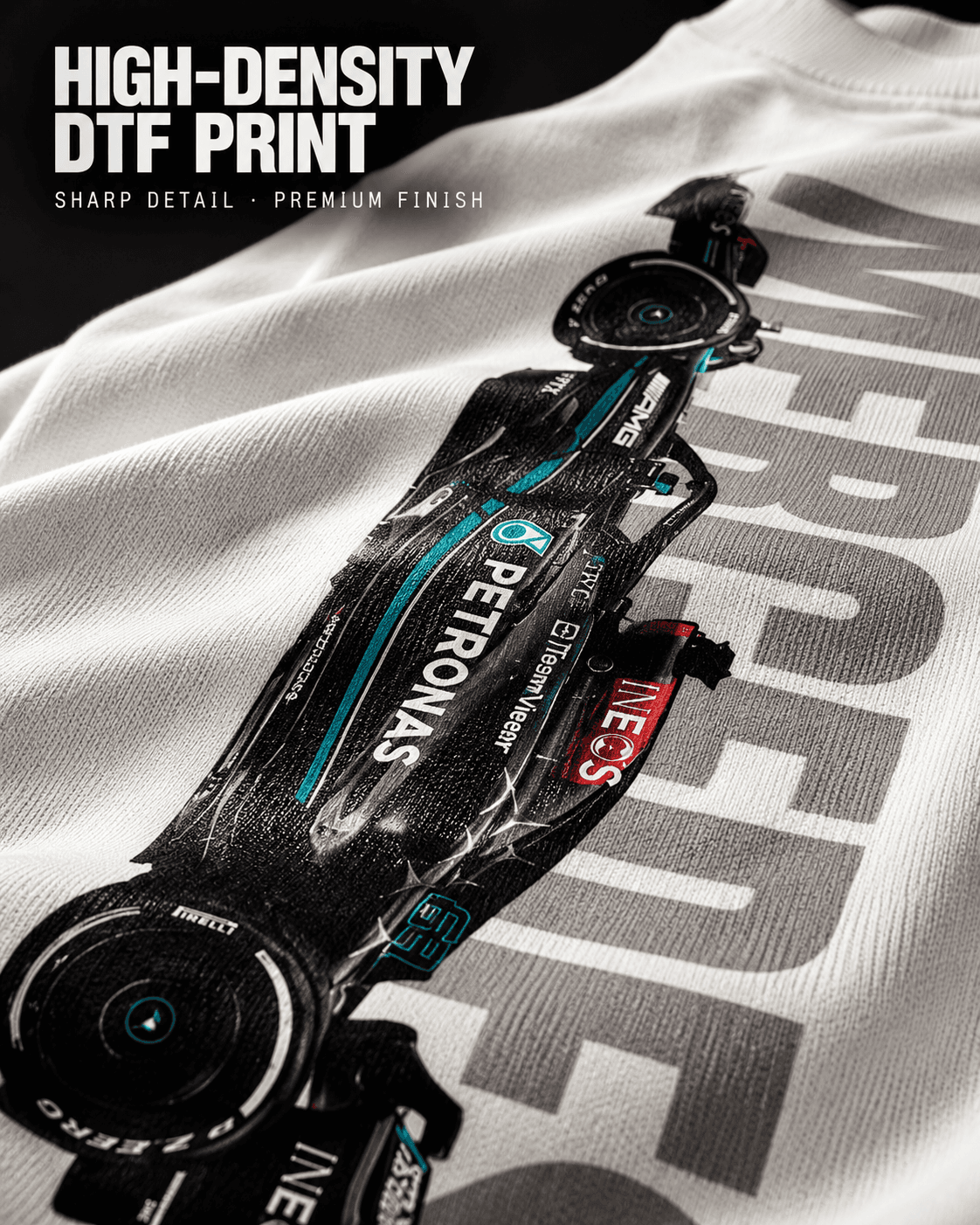 Mercedes F1 car graphic print close-up