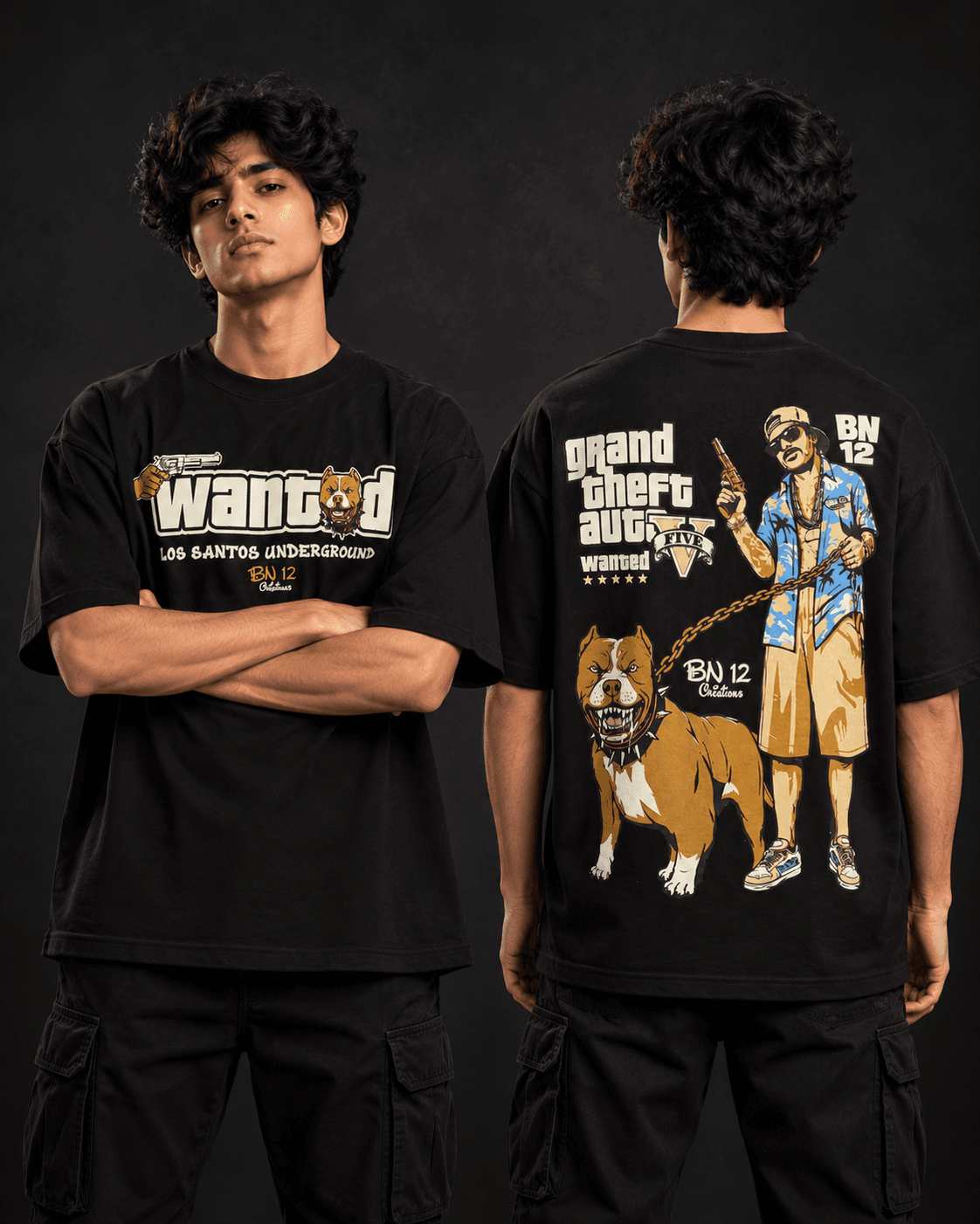 GTA 5 Wanted oversized t-shirt front and back view in black
