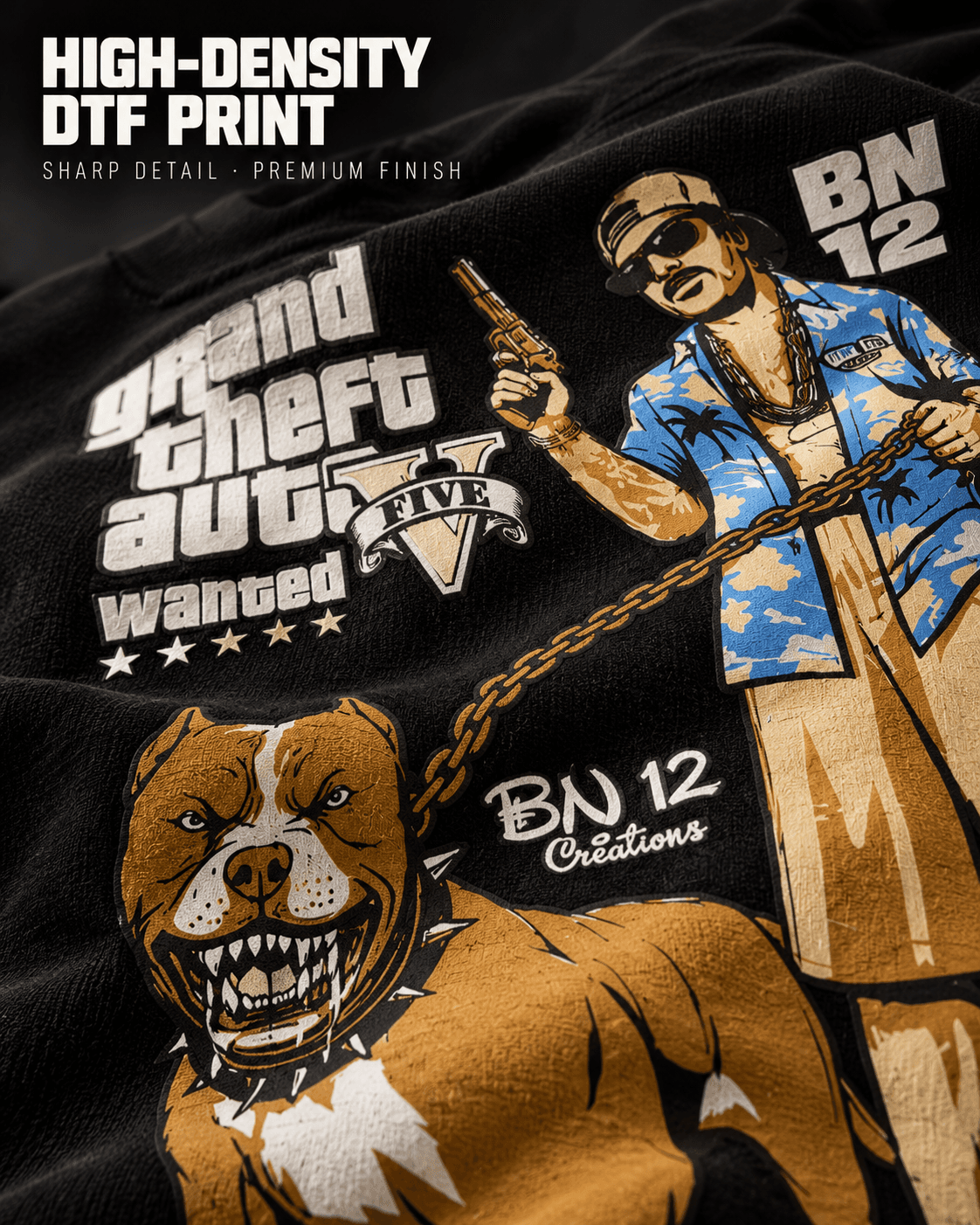 GTA 5 graphic back print close-up with pitbull and character