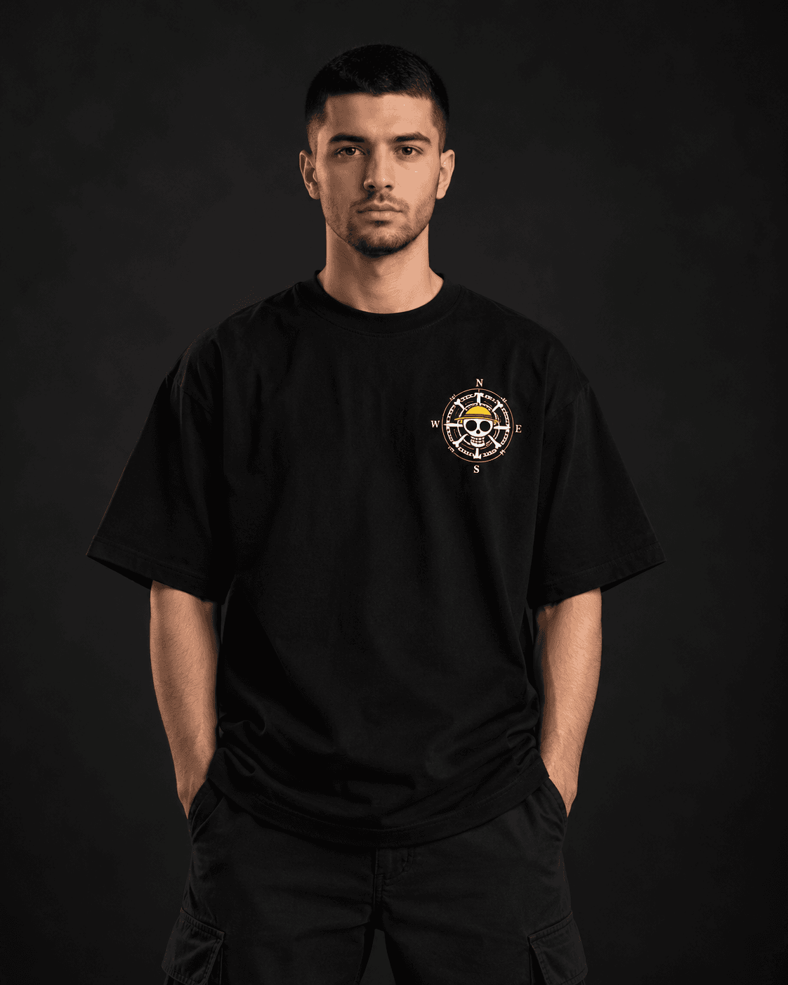 Luffy One Piece oversized t-shirt front view in black with compass chest logo