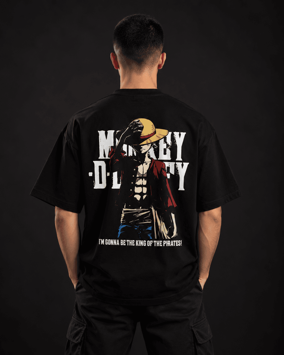 Monkey D. Luffy oversized t-shirt back view with King of the Pirates print