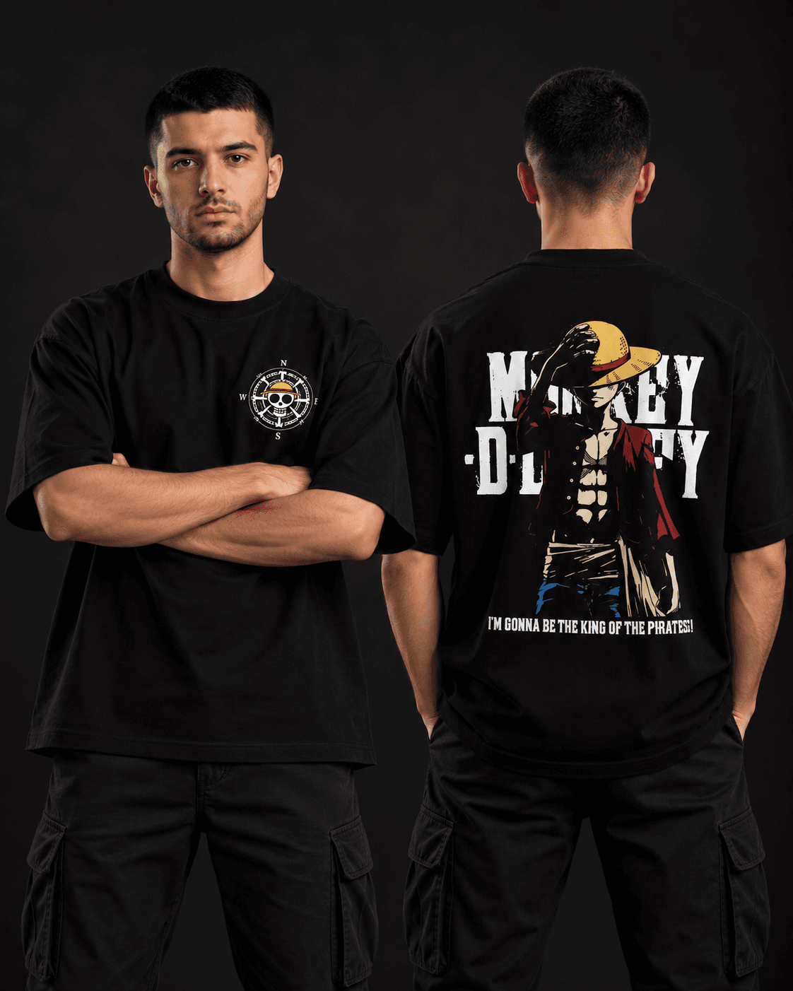 Luffy oversized t-shirt front and back view in black