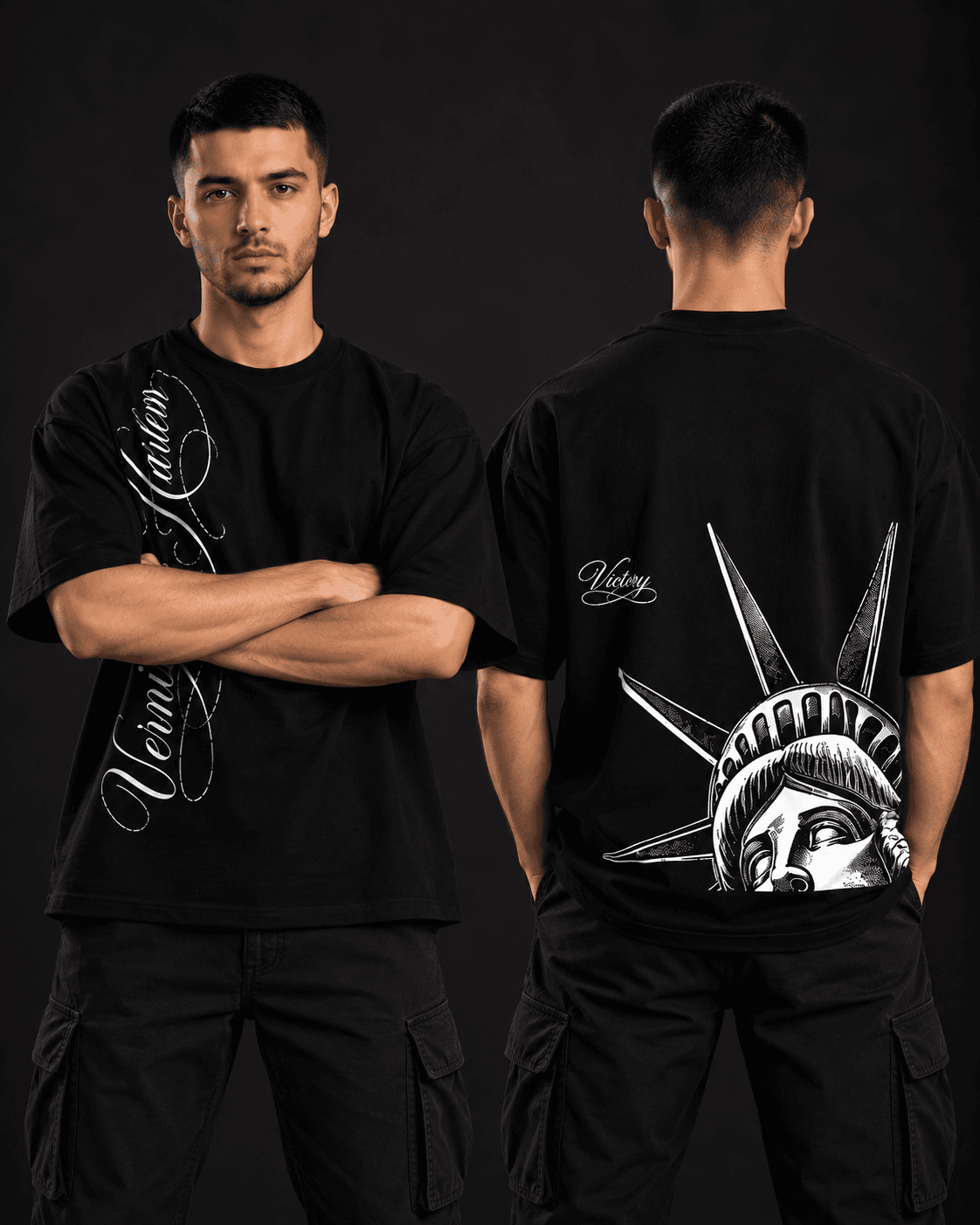 Statue of Liberty oversized t-shirt front and back view in black