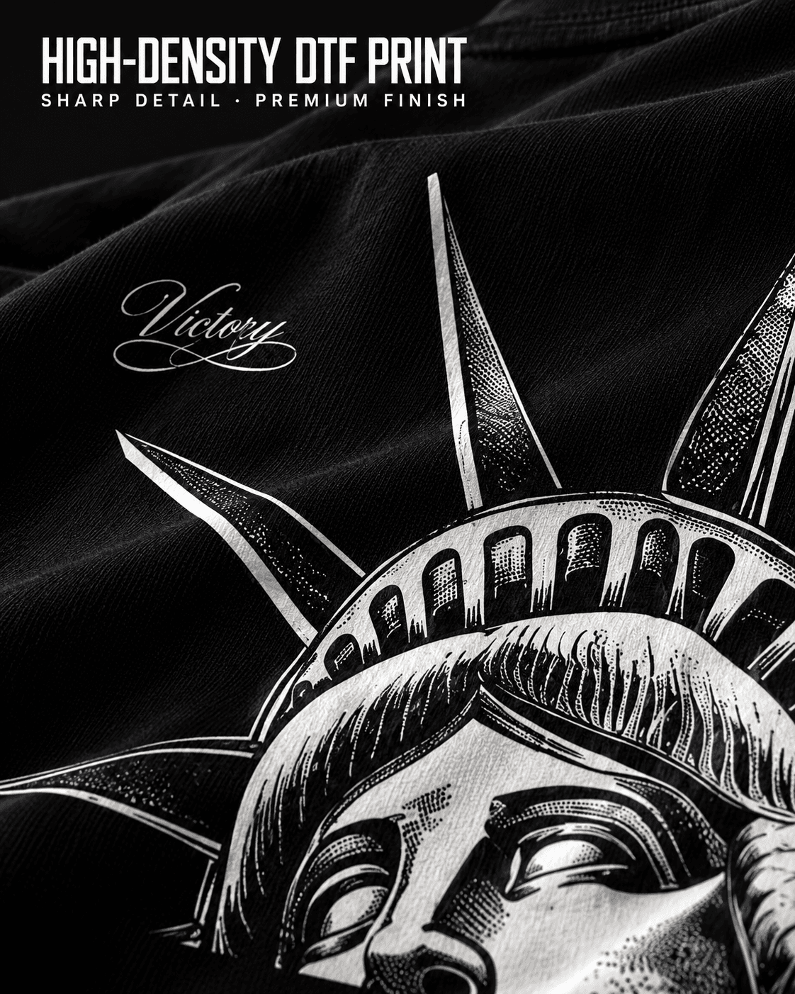 Statue of Liberty back print close-up with Victory script on black t-shirt