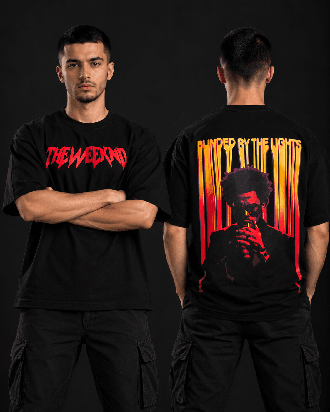The Weeknd oversized t-shirt front and back view in black
