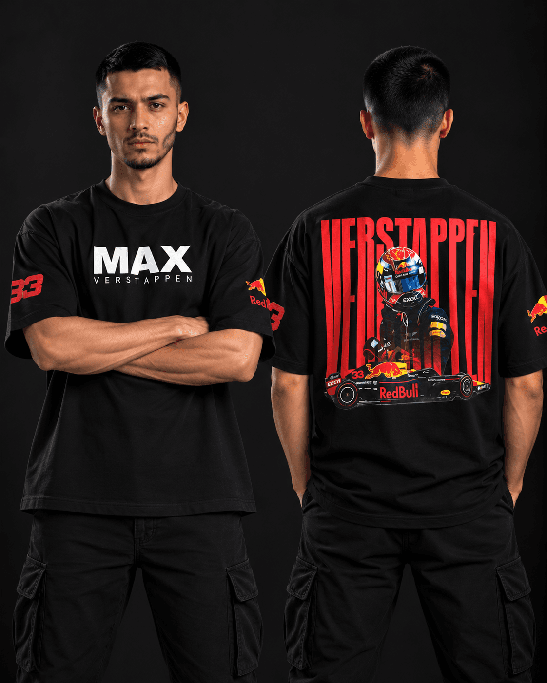 Max Verstappen F1 oversized t-shirt front and back view in black